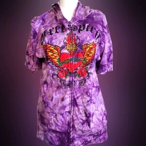 What's Hot Tye Dye Design Short Sleeve Zipper Free Spirit Bling Hoodie Fit  L/XL